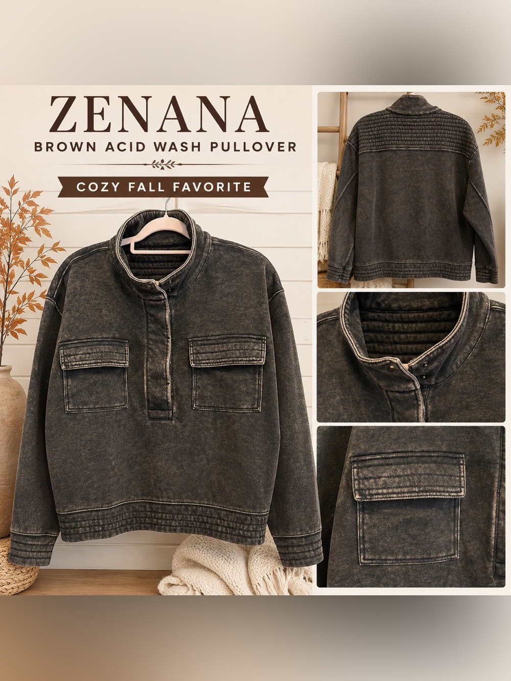 Zenana Outfitters Brown Acid Wash Pullover Jacket